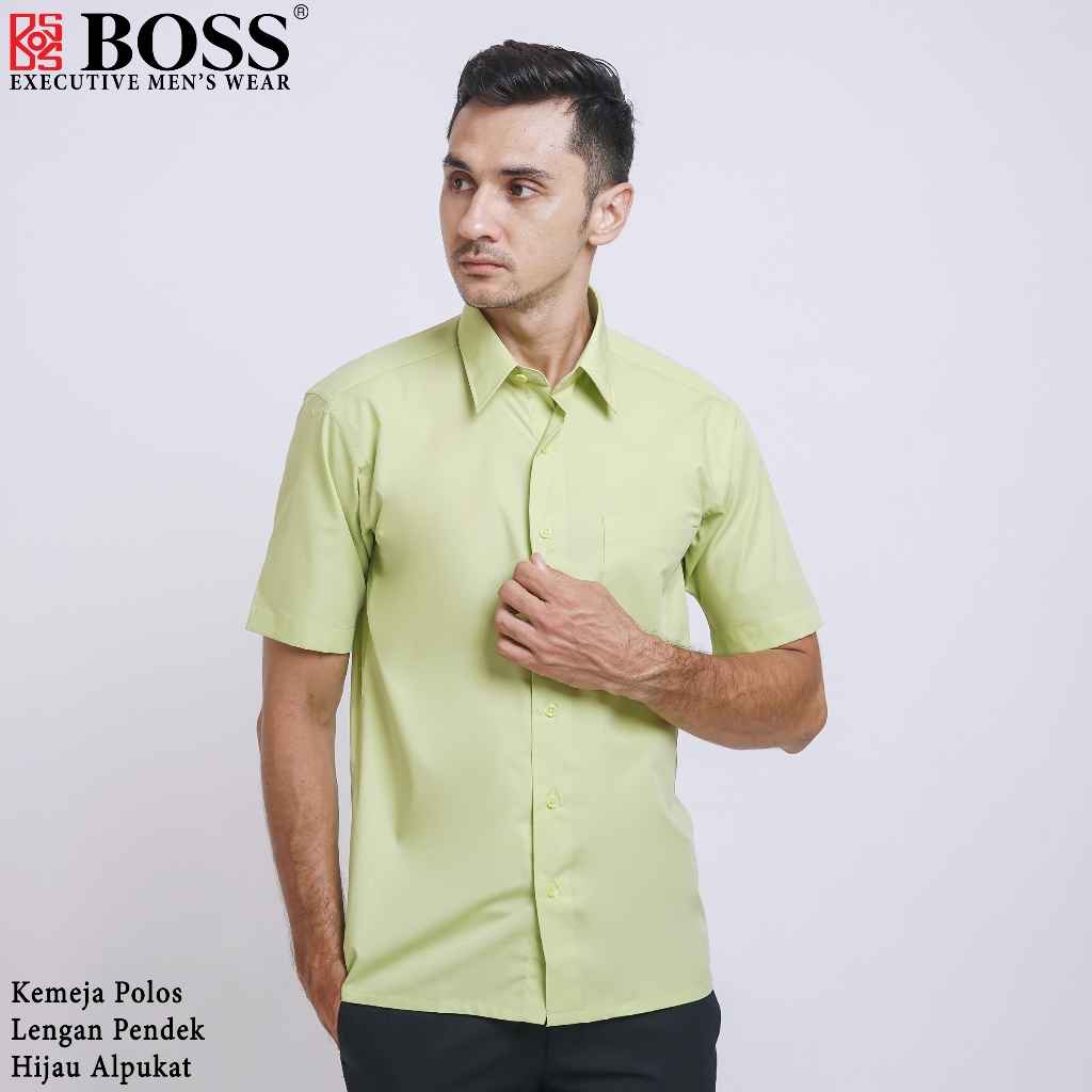 BOSS Kemeja Polos Pria Lengan Pendek Regular Fit Hijau Muda Alpukat