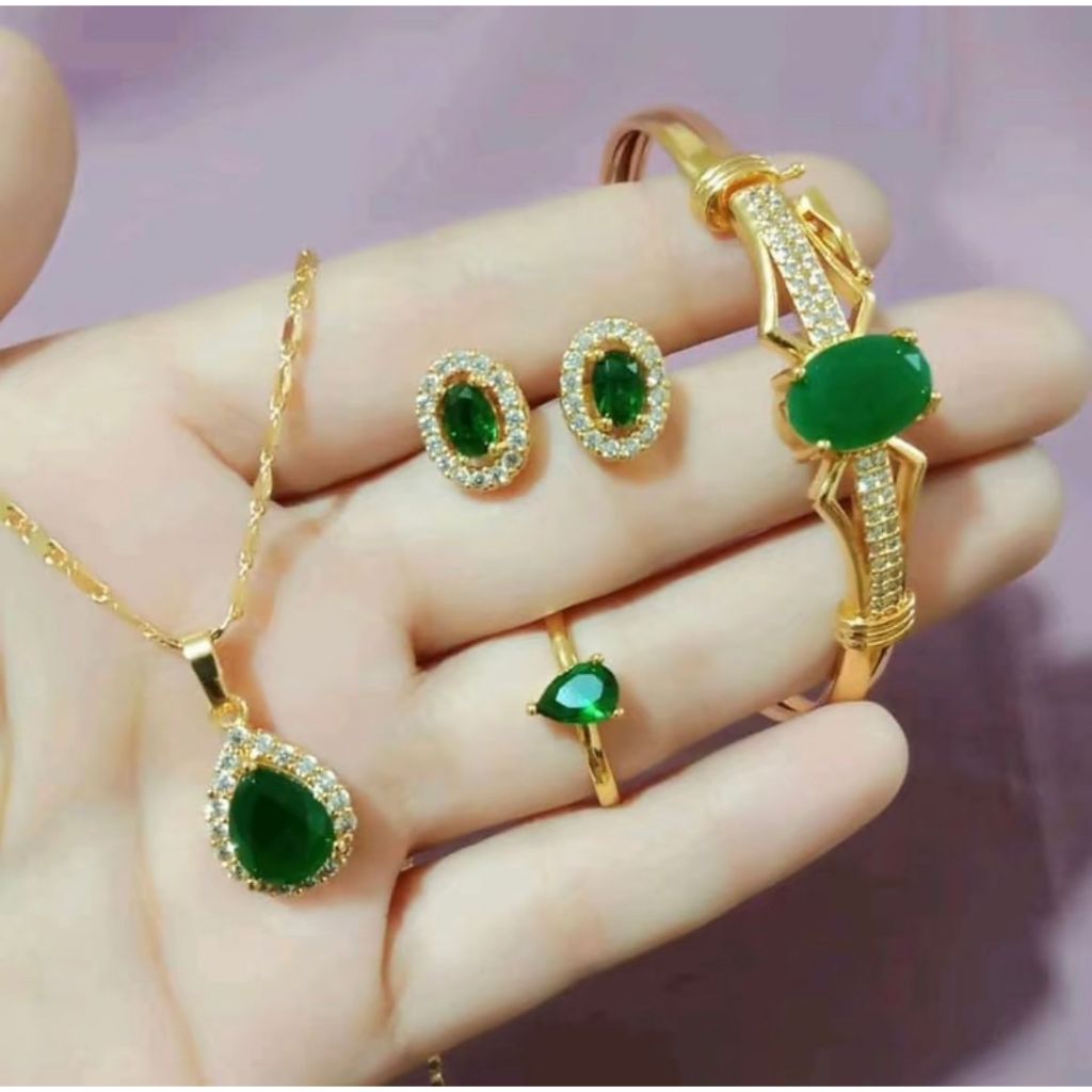 SET PERHIASAN HIJAU PERMATA TITANIUM BANGLE DEWASA MEWAH