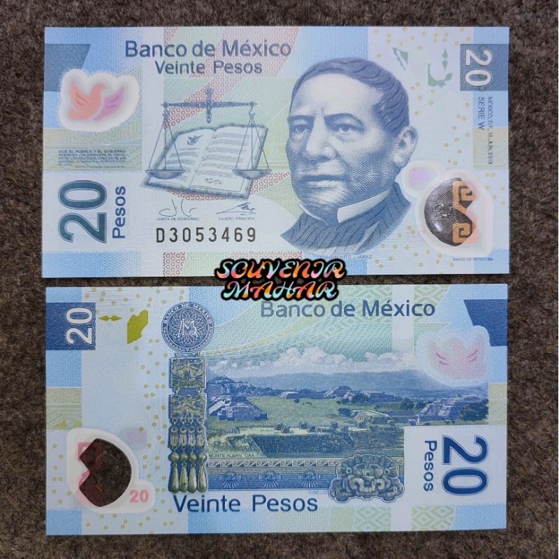 (Gress/Baru) Uang lama asing polimer 20 Pesos Negara Mexico bahan plastik polymer