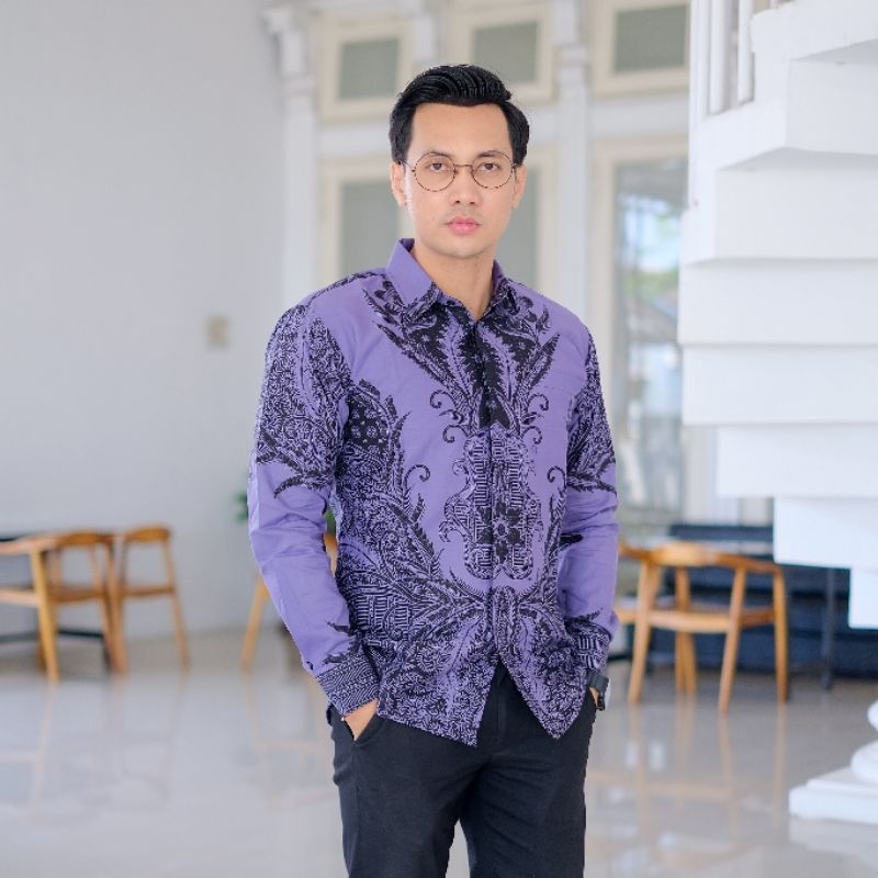 Warna Ungu Kemeja Batik Pria Original Slimfit Lengan panjang Lapis Furing Motif Ungu terbaru Baju Ba