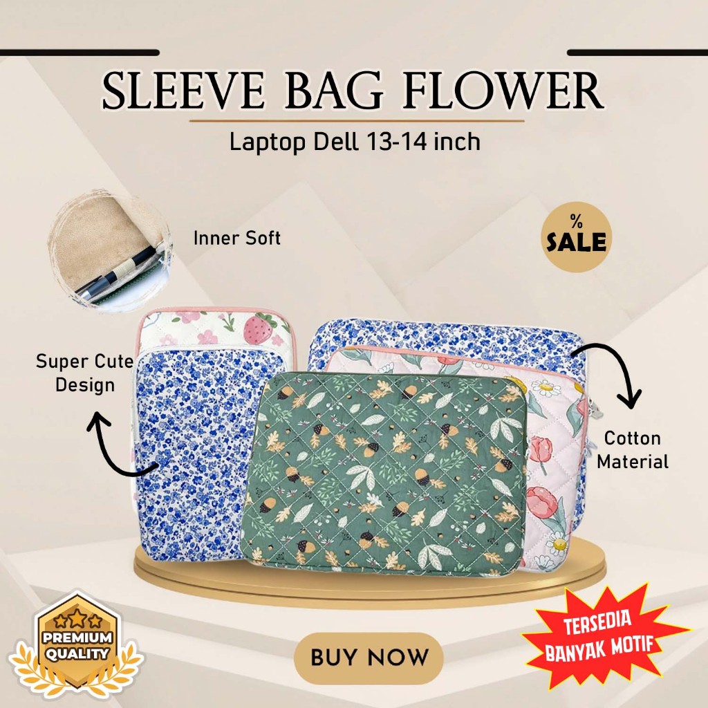 Sleeve Bag Laptop Dell Latitude XPS 13 14 inch Universal Tas Lucu Motif Floral Sleevebag Case Handba