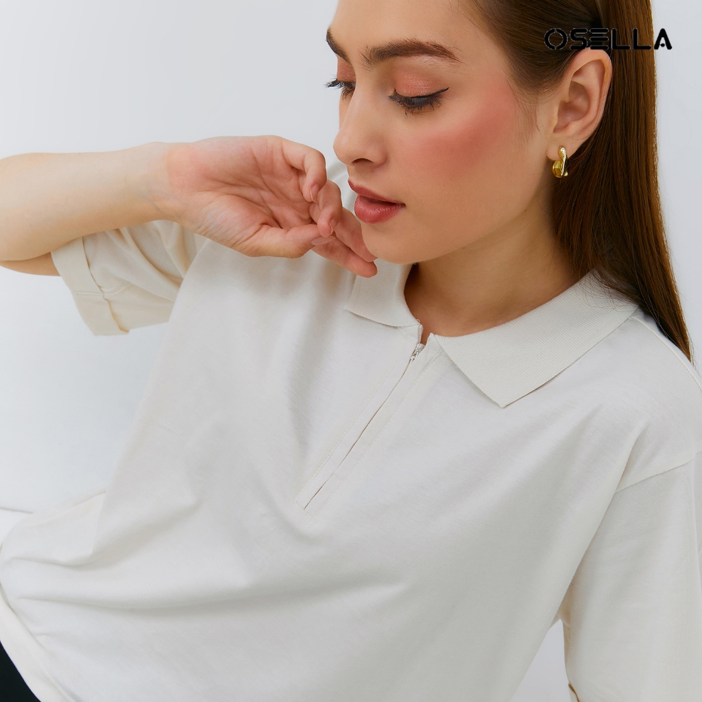 Osella Polo Collar Crop T-Shirt In White 2171400201 | Kaos Wanita Lengan Pendek
