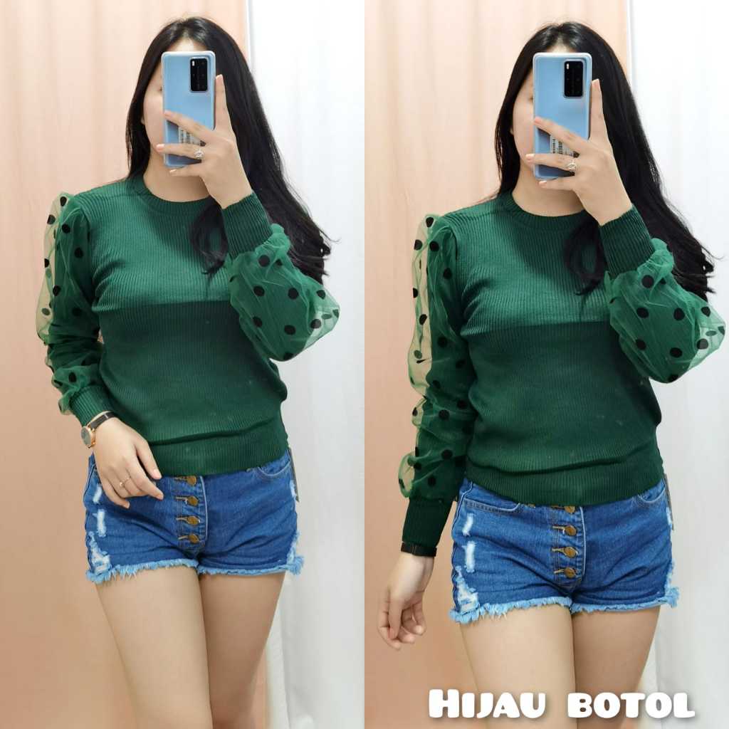 GLIVEO (COD) - BLOUSE LENGAN BALON TILE POLKA KECIL RAJUT IMPORT / ATASAN RAJUT LENGAN PANJANG WANIT