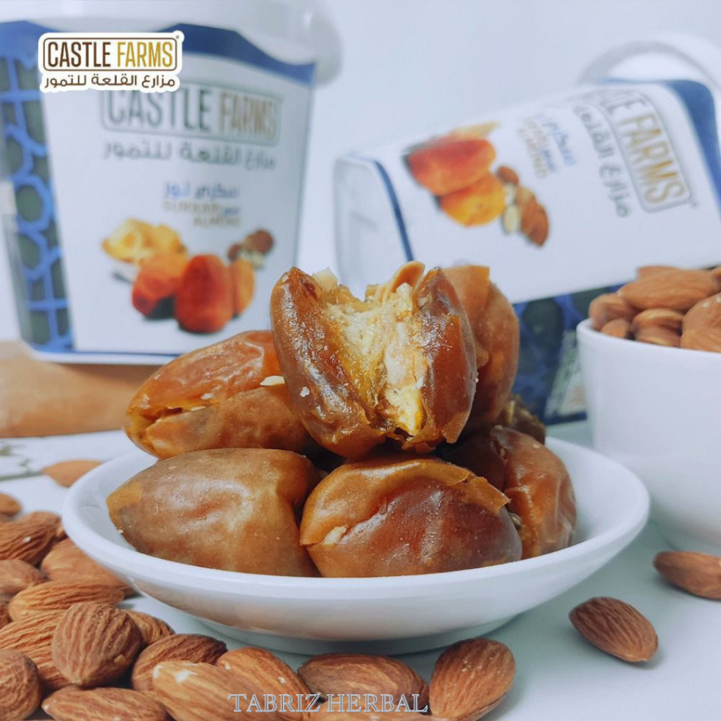 

Almond kurma Sukkari Basah isi kacang Almond Kemasan Ember 850 Gram sukari grade A