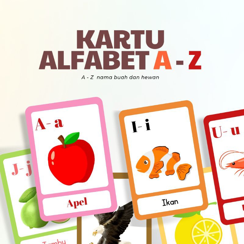 Flash Card Kartu abjad kartu alphabet A-Z bergambar hewan dan tumbuhan