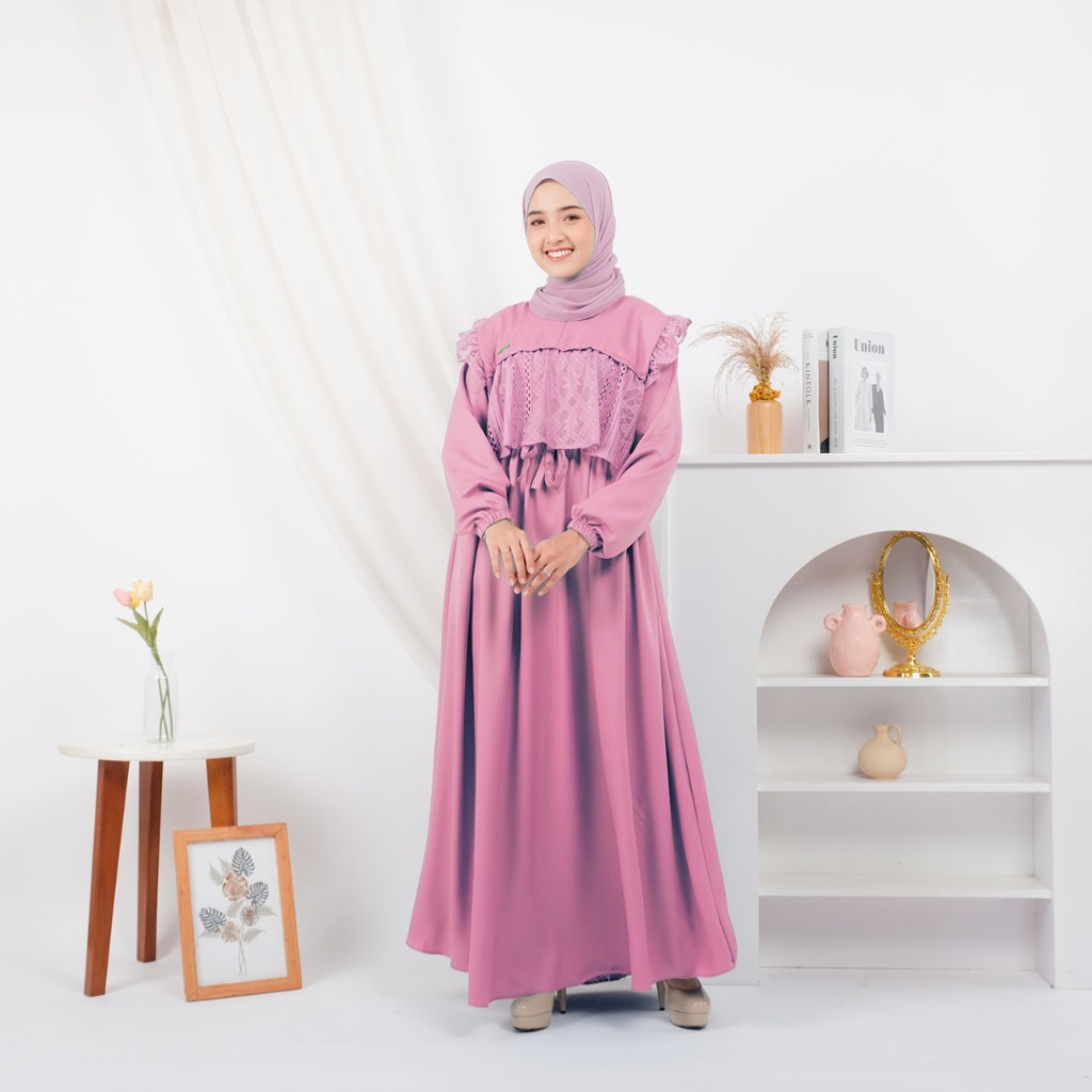 Maria Collection Meysha Dress Gamis Elegan Kondangan Muslim Mewah Shakila Kombinasi Brokat Cantik Wanita Nyaman S fit L Busui-pink