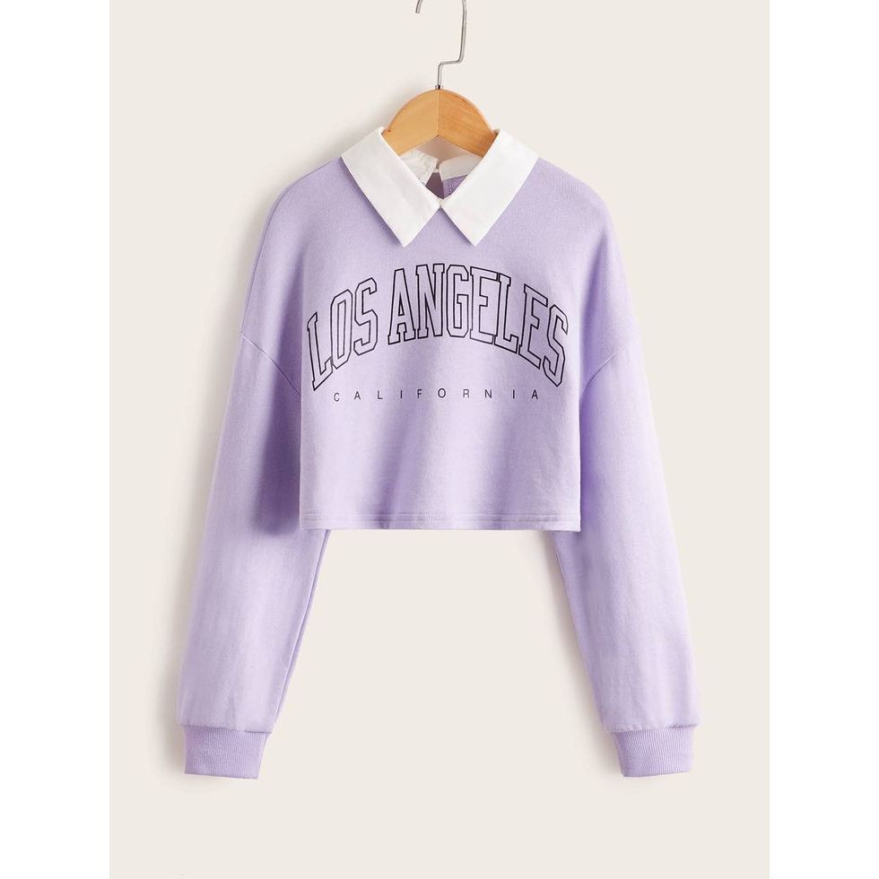 Sweater Crop Wanita List Los Angeles Atasan Perempuan Gaya Korean Style Bahan Tebal Oversize Croptop