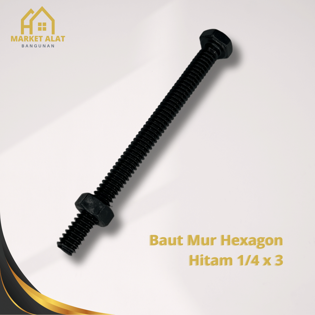 Baut Mur Hexagon 1/4 x 3 UNC Baja Hitam Kunci 10 / Full Set Baut Hex  Besi Hitam Drat Kasar M6 x 75 