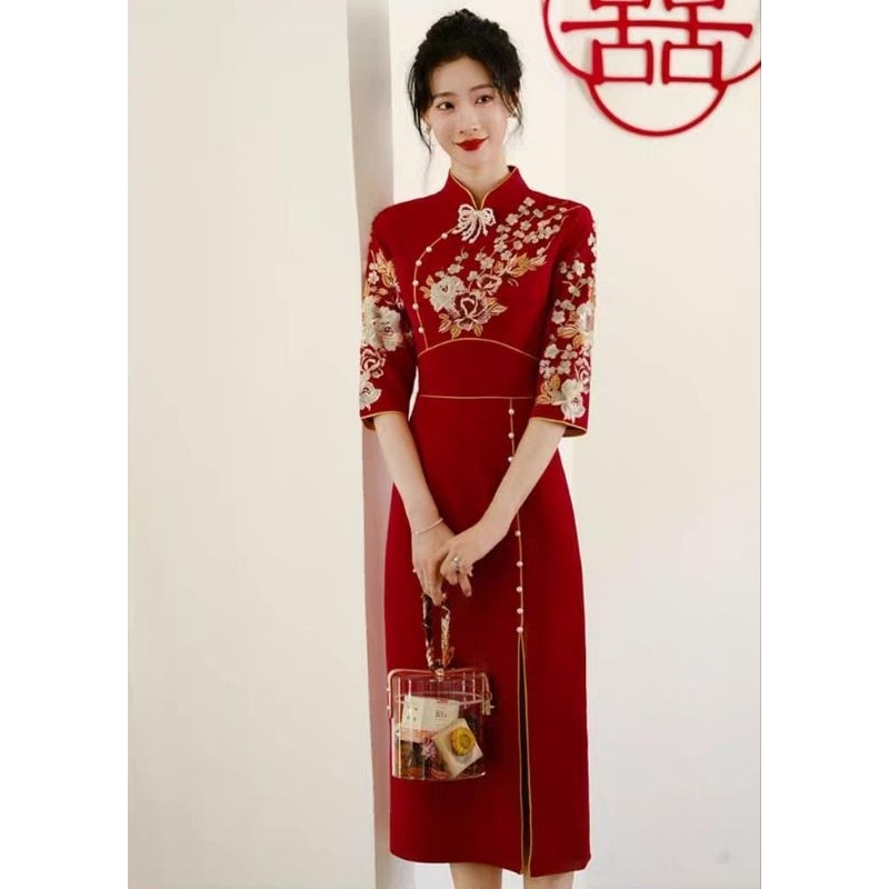 dress cheongsam imlek chinese new year cny cina kueni qipao medium middle sleeve rompi cny qibao lam