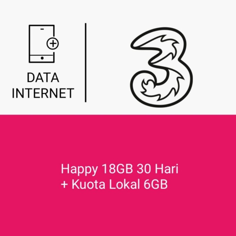 Paket Data Tri - Happy 18GB 30 Hari + Kuota Lokal 6GB