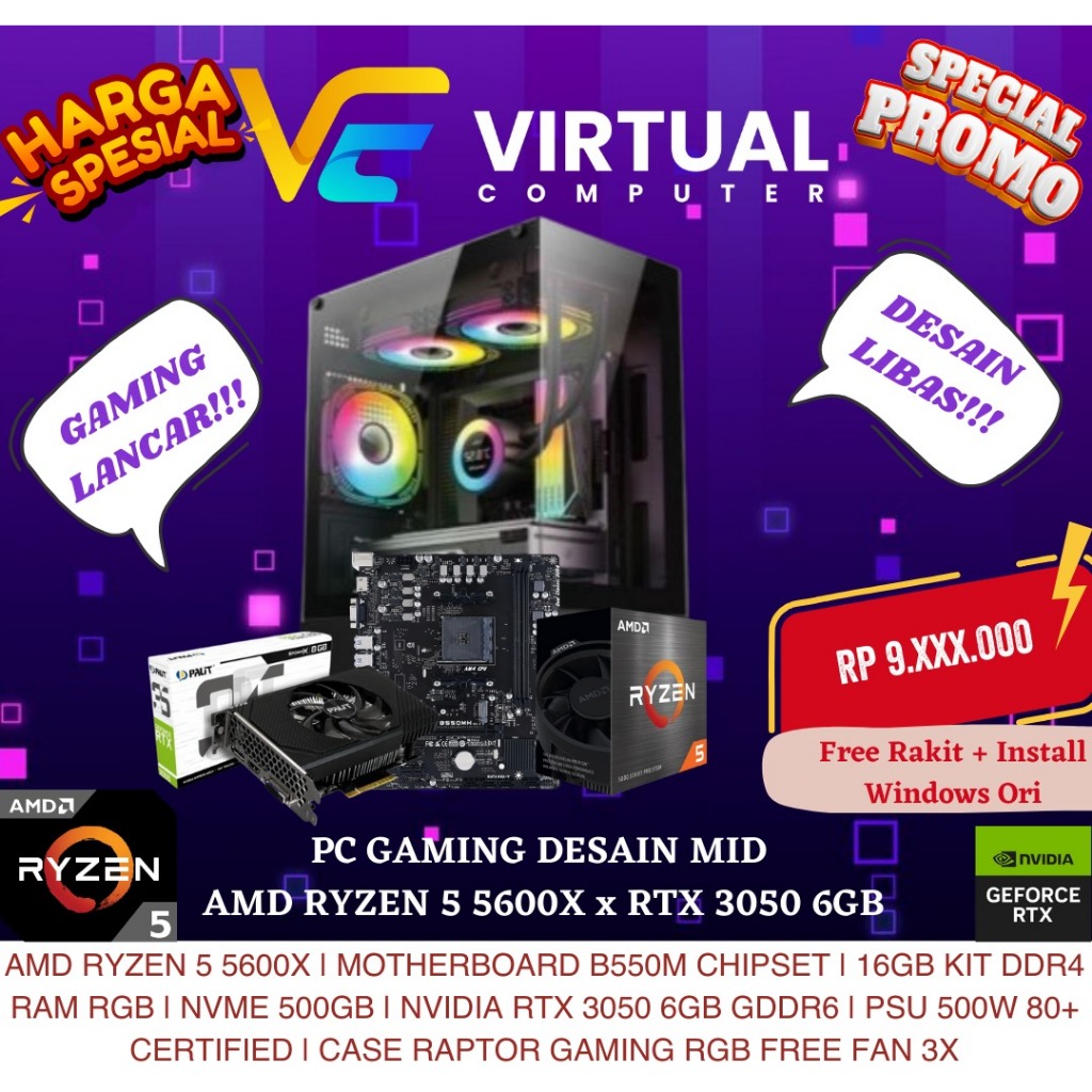 PC RAKITAN GAMING EDITING Ryzen 5 5600X| NVME 512GB| RTX 3050