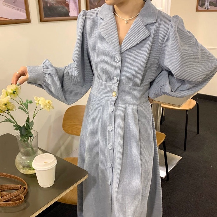 Grosiran Murah Versi Korea Gaun korduroi Prancis lengan panjang setelan retro kerah pinggang rok pan
