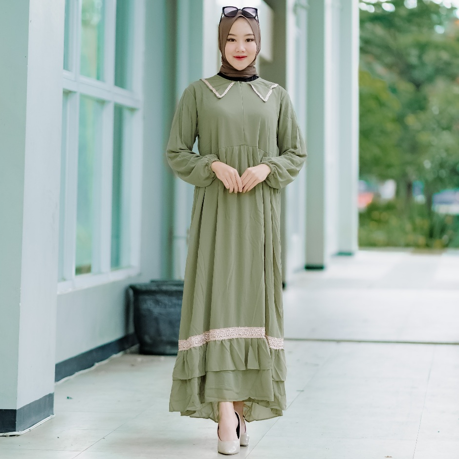 Gamis Ceruty Babydoll Full Furing Renda Kerah Undak Premium Gamis Putih