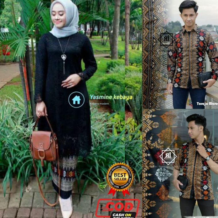 Bagus Dipakai Couple Kebaya Tunik Brukat Modern Set Kemeja Batik Pria Motif Toraja Hitam  Couple Keb
