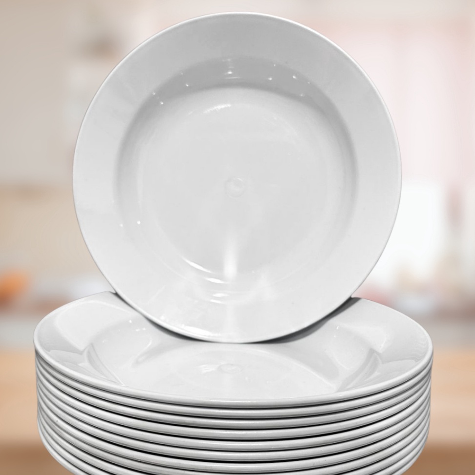 Top Seller 1 LUSIN PIRING MAKAN 9 PUTIH HIJAU MELAMIN SEMI MELAMINE