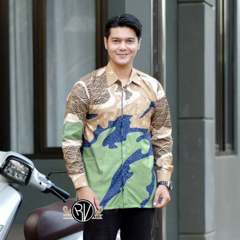 ATASAN KEMEJA BATIK PRIA COWOK LENGAN PANJANG POLIMIKRO MOTIF ABSTRAK WARNA COKSU KREM CREAM LATTE M