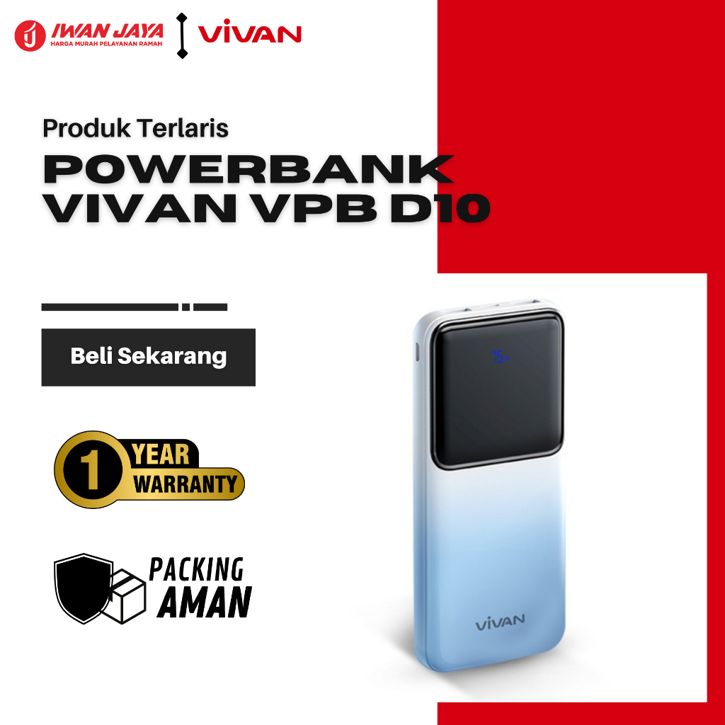 Vivan VPB-D10 Power Bank 10000mAh 20W QC Type-C PD LED Display 3 Port