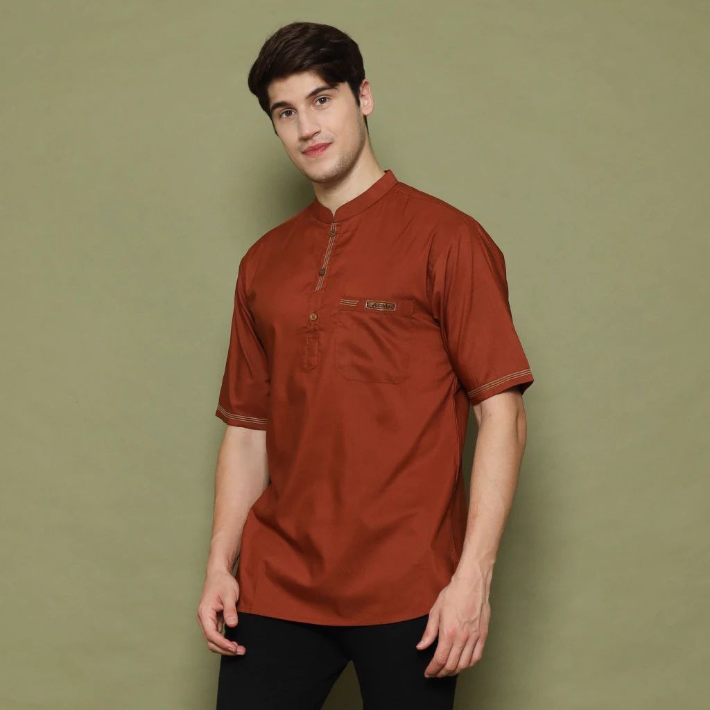 Asakhi Baju Koko Kurta Premium Lengan Pendek Sakka Warna Merah Bata S M L XL XXL XXXL