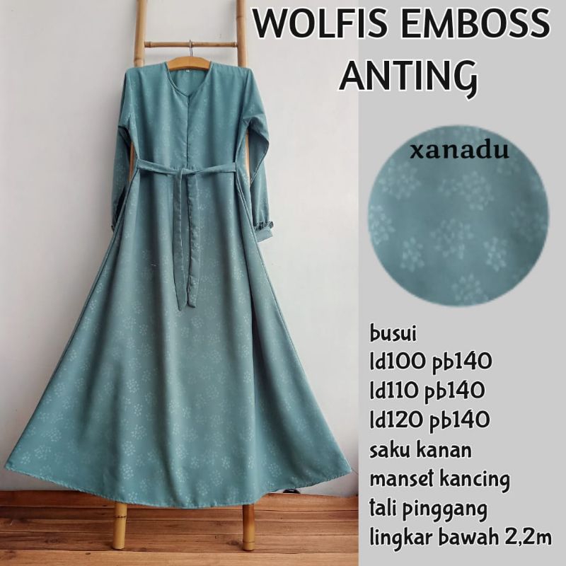 Gamis wolfis Embos motif bunga anting