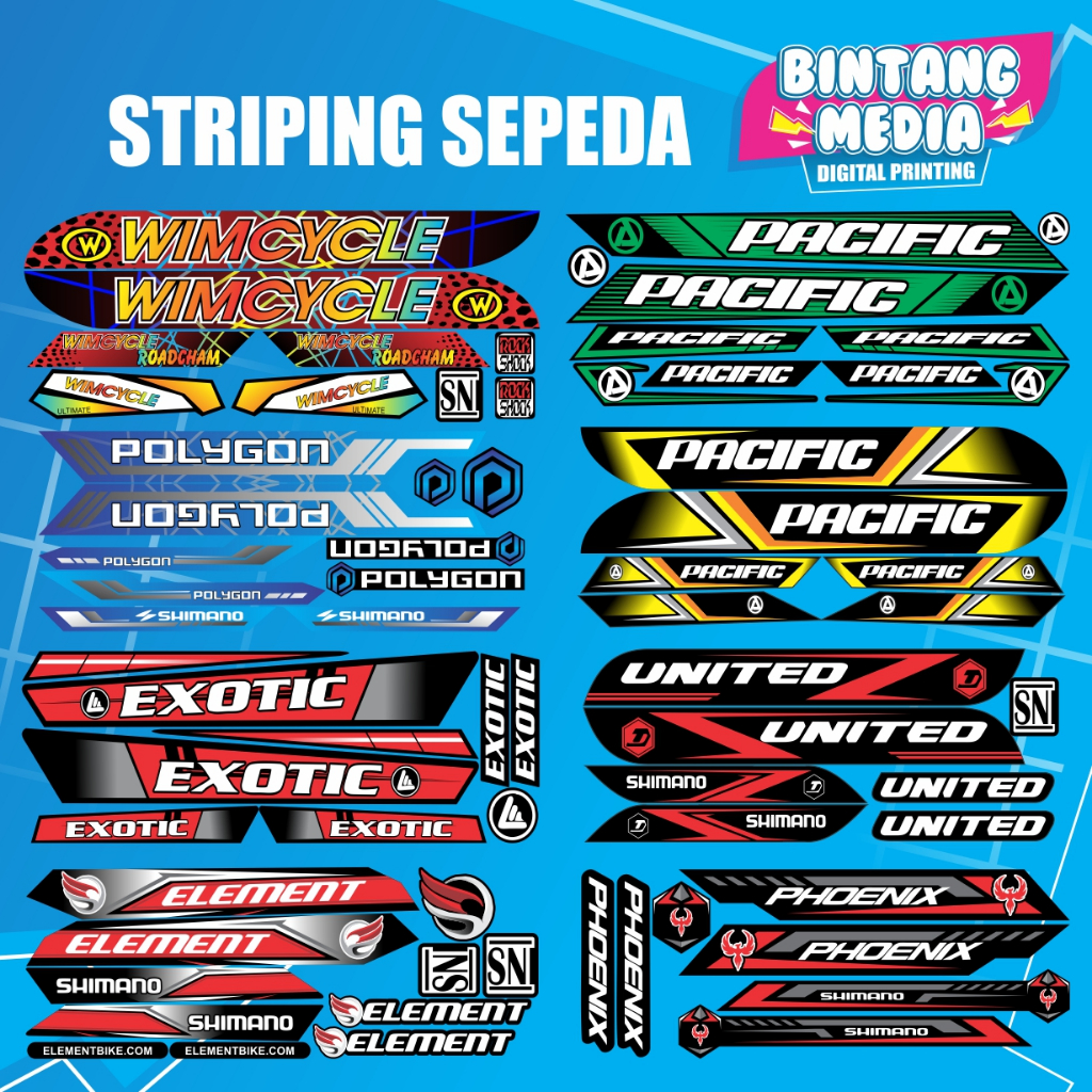 stiker Striping sepeda custom Polygon, United, Pacific Exotic, Wimcycle Universal BMX MTB Sepeda Gunung Bintang Media
