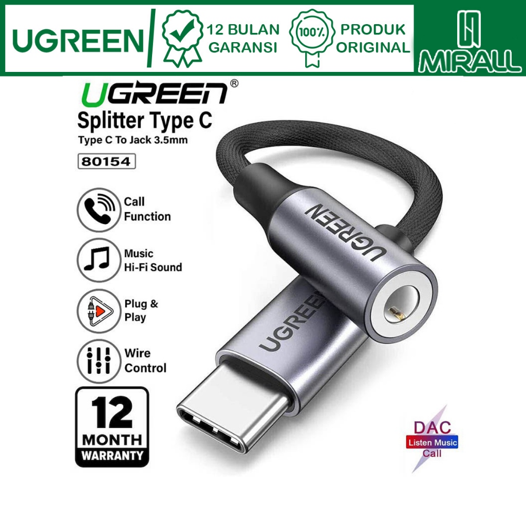 UGREEN Adapter Splitter Converter Audio DAC Type C To Aux 3.5mm 80154 Original