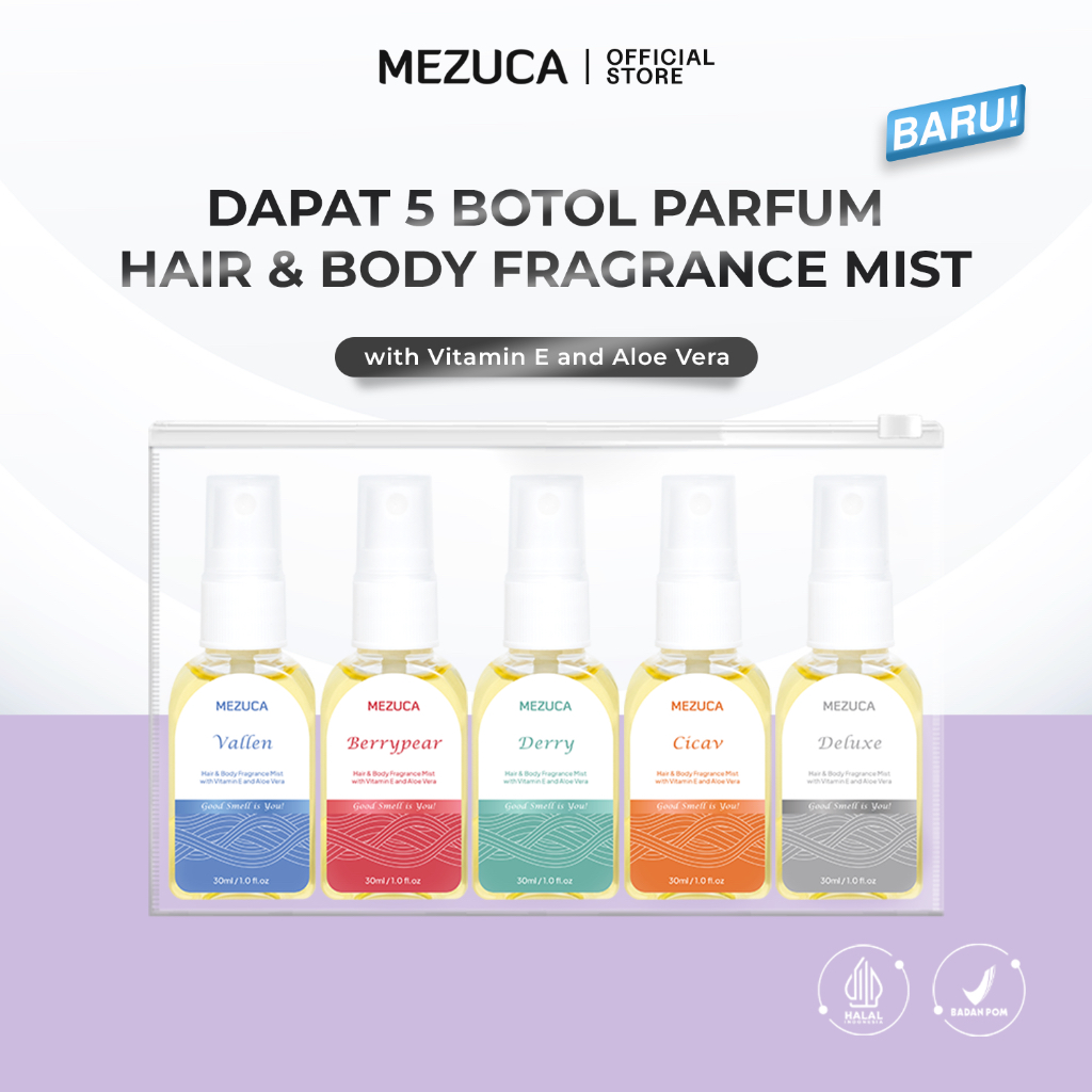 Dapat 5 Botol Parfum Hair & Body Fragrance Mist Mezuca 30mL with Vitamin E and Aloe Vera BPOM