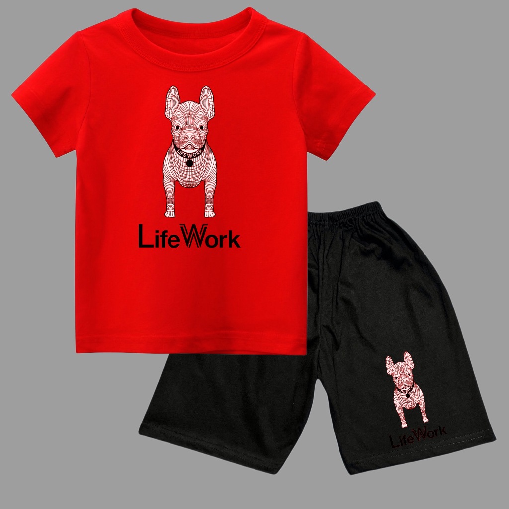 Setelan KOMBINASI WARNA kaos oblong dan celana pendek anak usia 1-10tahun sablon gambar LIFE WORK ME