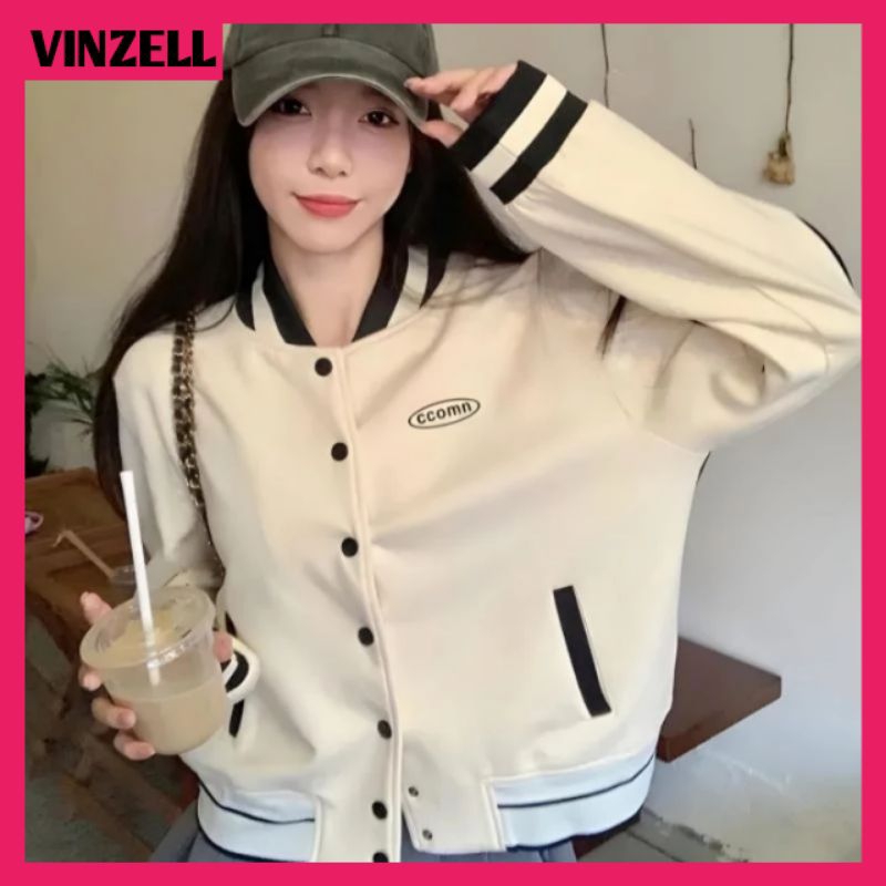 Varsity CROP Big Size ( S - 6XL ) Cream Black Cute Jaket Logo BORDIR CROPPED Varsity Jacket S M L XL