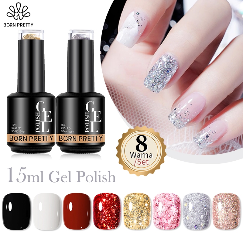 BORN PRETTY Basic Gel Polish Black White Red Glitter Warna Kutek Gel Set 8 Colour Nail Gel Polish Se