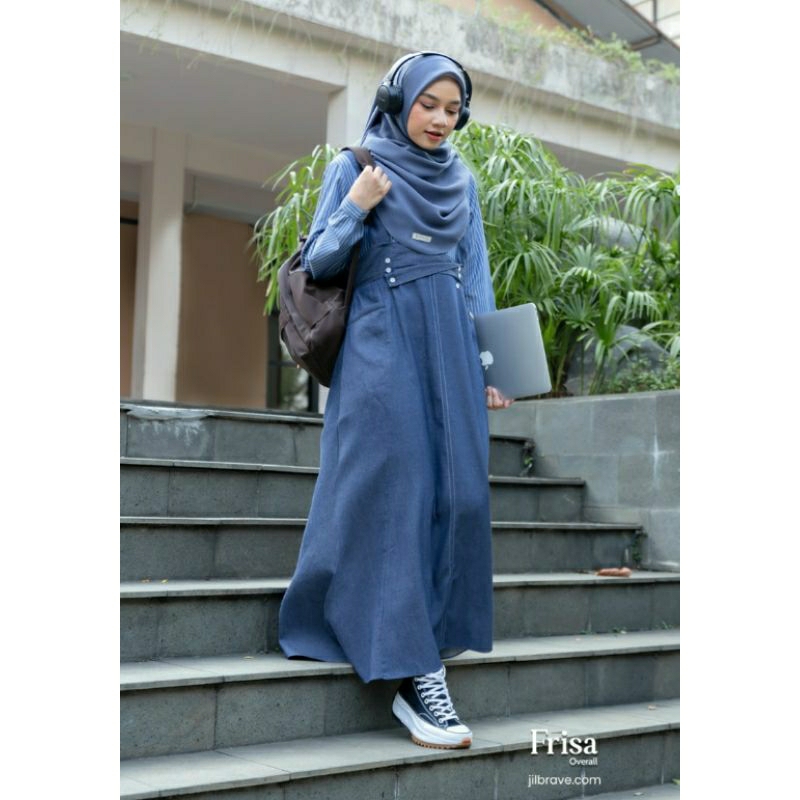 FRISA OVERALL JILBRAVE | Gamis Overall jeans dengan inner Cotton Stripes | Dress kuliah | Gamis Casu