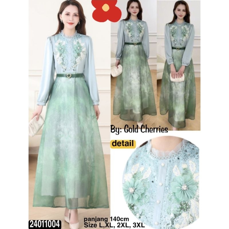 Maxi Dress Gamis Import Gold Cheries Premium Bunga Timbul Sage (FCODI1229)