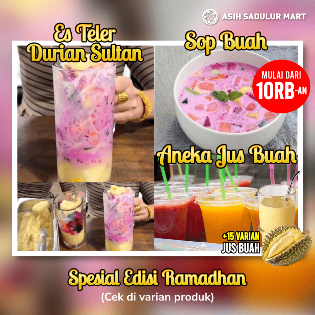 

Es Teler | Jus Buah | Es Jeruk | Sop Buah | Aneka Jus Buah (Alpukat, Mangga, Stroberi, Buah Naga, Jambu, Semangka, Sirsak, Melon, Pepaya, Pear) 1 Cup Asih Sadulur Mart