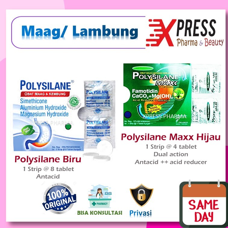 ⚡XPRESS⚡STRIP Polysilane BIRU / HIJAU MAXX Tablet Kunyah - Obat Maag dan Kembung Polisilane Polisila