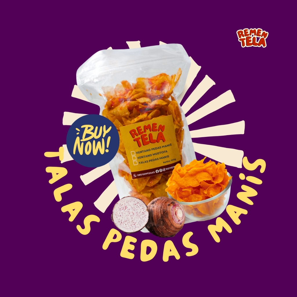 

Keripik Talas Pedas Manis 100 gram Remen Tela