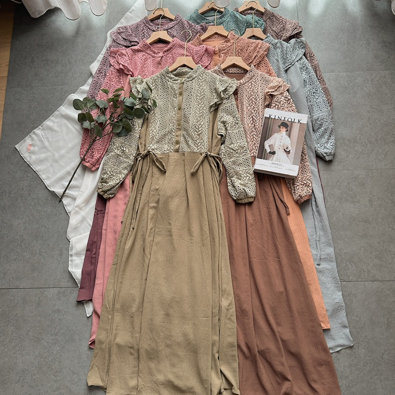Oclo Tafa Dress Cringkle Lace Gamis Brukat Pinggang Tali OCL02170