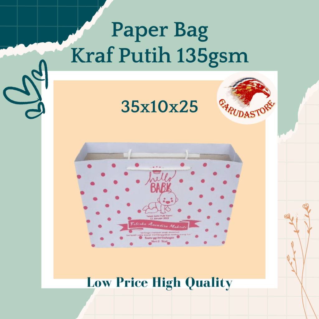 

Paperbag Kraf Putih Murah , Paperbag Custom Size P35 L10 T25 Cetak Logo Free Design