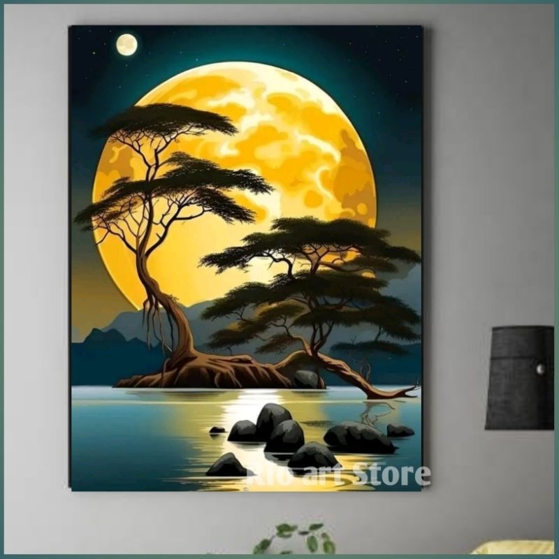 Hiasan dinding poster lukisan ai pemandangan indah waktu senja untuk walldekor atau dekorasi dinding