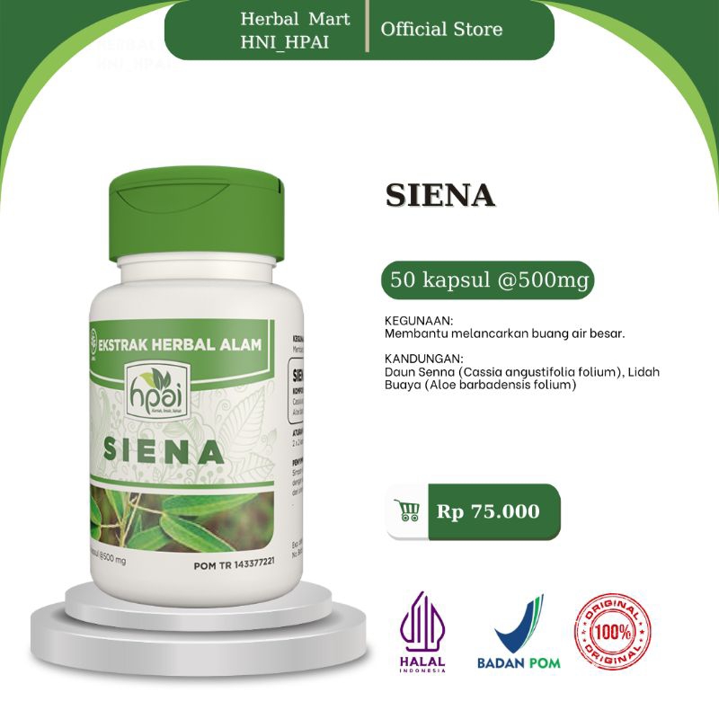 Herbal Mart _ HNI.HPAI (100% Produk Original) Siena HNI_HPAI obat herbal isi 50 kapsul Membantu melancarkan buang air besar.