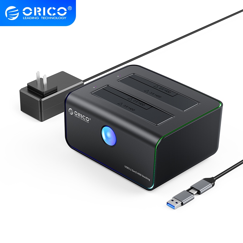 Docking ssd hdd orico dual 2 bay Slot 3.5 2.5 sata usb3.2 type-c 10Gbps rgb 40tb clone offline 8828c