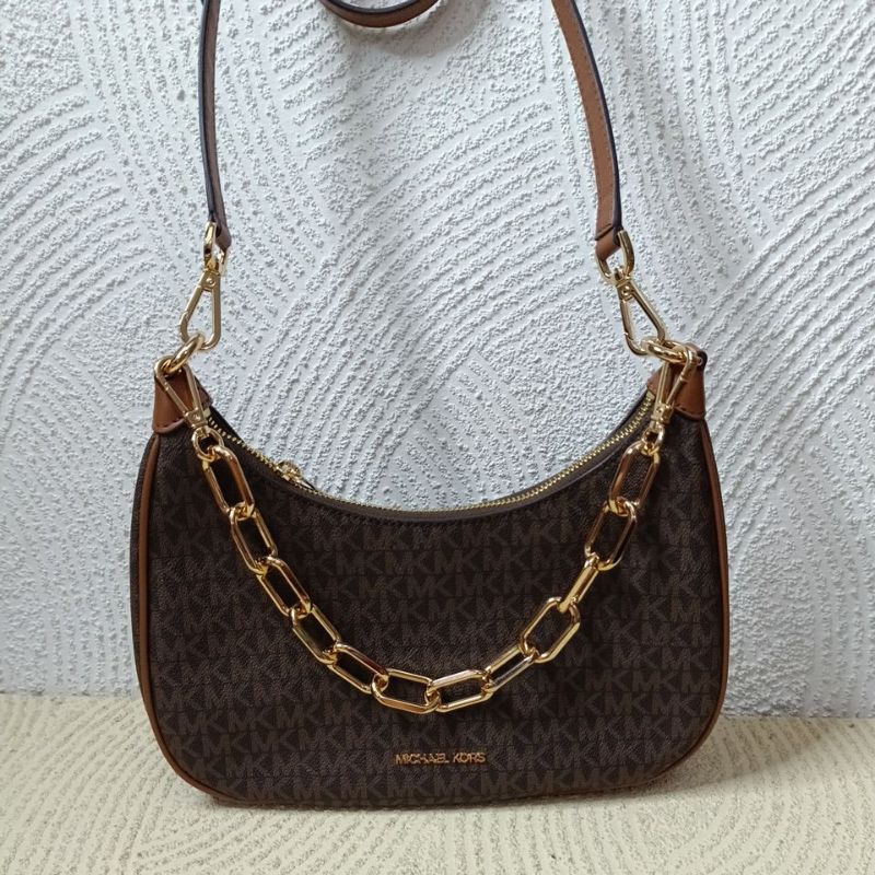 TAS WANITA MK CORA LARGE ZIP POUCHETTE SIGNATURE BROWN