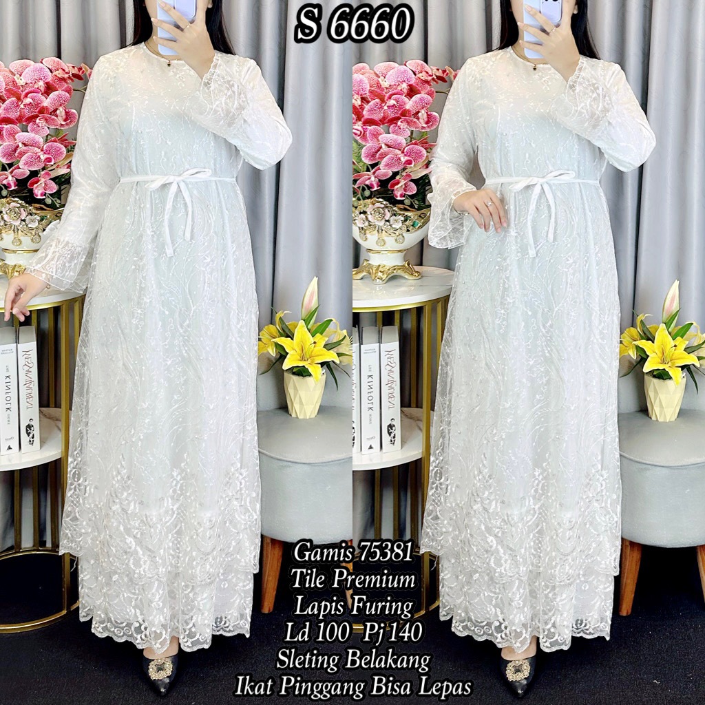 S 6660# Gamis Tile Bordir Khusus Warna Putih 75381