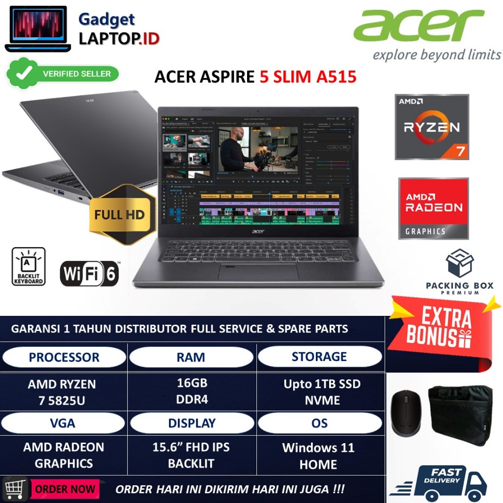 LAPTOP GAMING ACER ASPIRE 5 SLIM A515 AMD RYZEN 7 5825U 16GB 1TB SSD FHD IPS BACKLIGHT