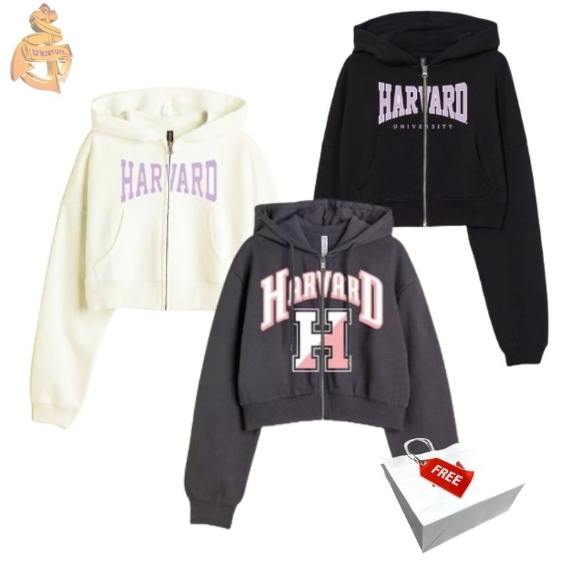 Hm Zipper Crop Hoodie Harvard Cewek Wanita Full Tag Free Paper Bag