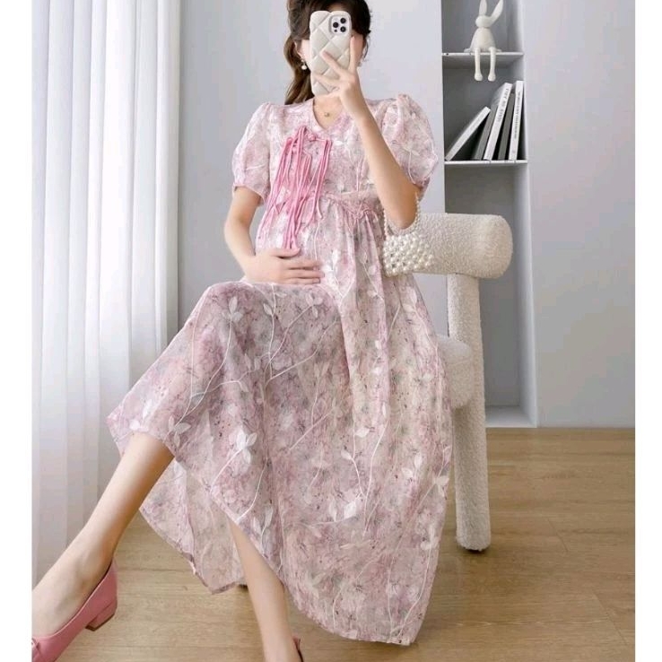 00923 Baju mididress DASTER HAMIL MARION MATERNITY MIDI DRESS biru pink dres bumil nyaman Korean loo