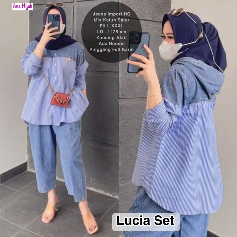 Lucia One Set Setelan Celana Blouse Jeans Mix Katun Salur Garis Ld 125 Jumbo Fit XXXL By Ana