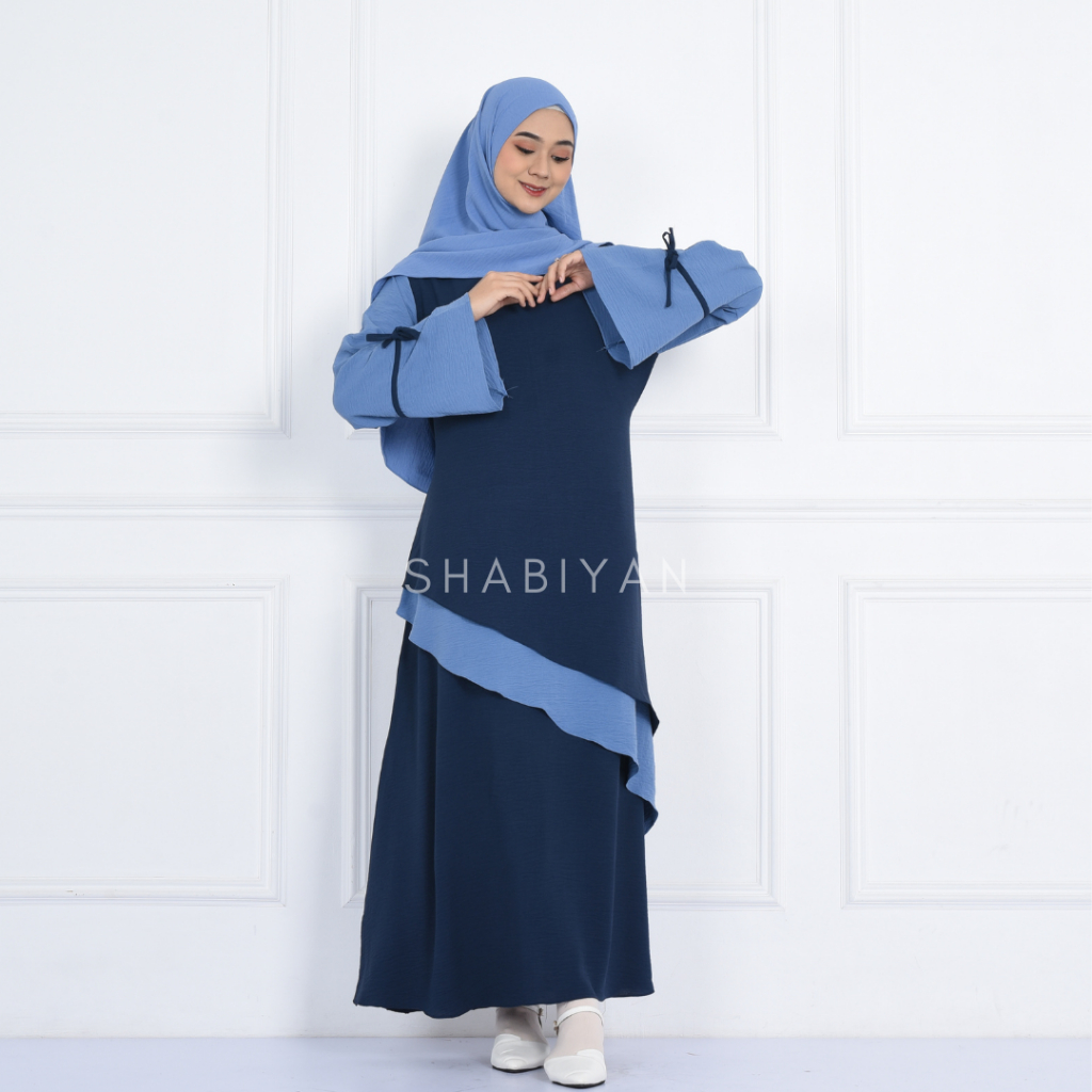 SHABIYAN Gamis Muslim Wanita Polos Kombinasi Crinkle CEY | Viola 534-Navy