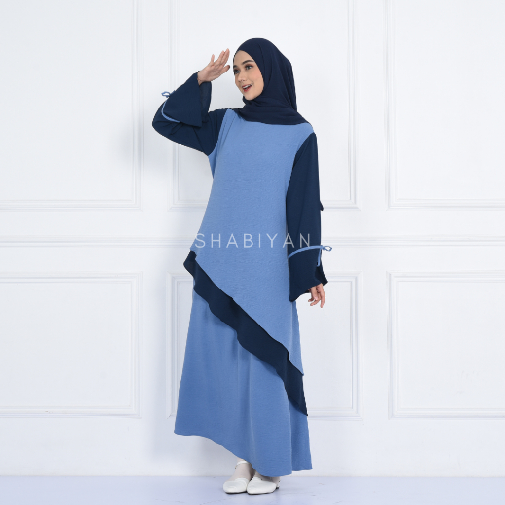 SHABIYAN Gamis Muslim Wanita Polos Kombinasi Crinkle CEY | Viola 534-Ocean Blue