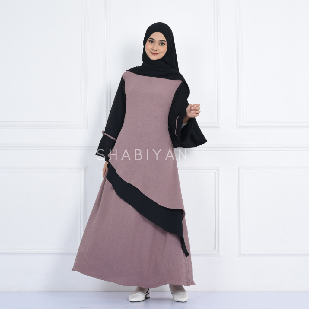 SHABIYAN Gamis Muslim Wanita Polos Kombinasi Crinkle CEY | Viola 534-Beige