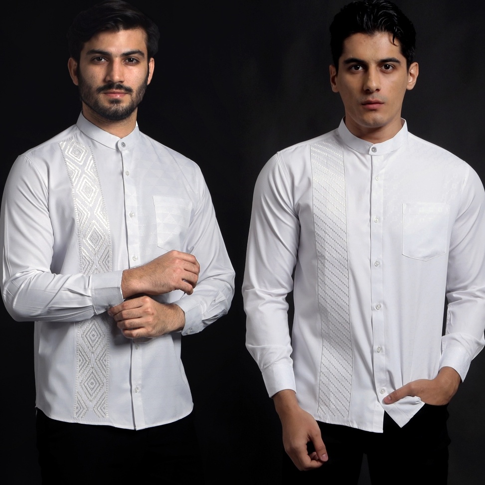 SALEE Casella Baju Koko Pria Lengan Panjang Arabesque White Design  Baju Koko Putih Lengan Panjang