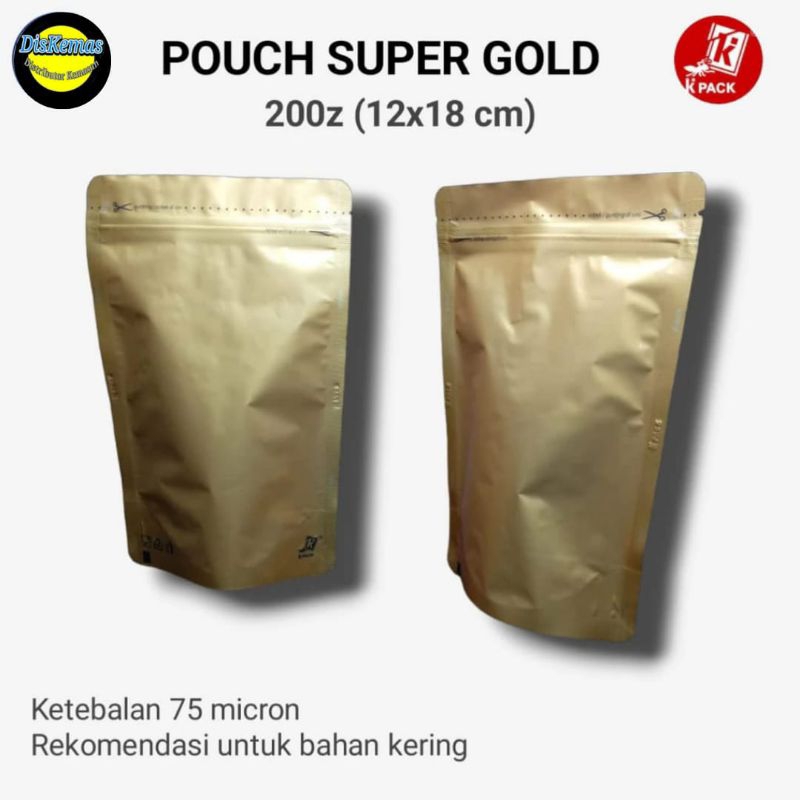 Plastik Stand Standing Pouch Full Foil Gold Emas Klip Zipper 200g